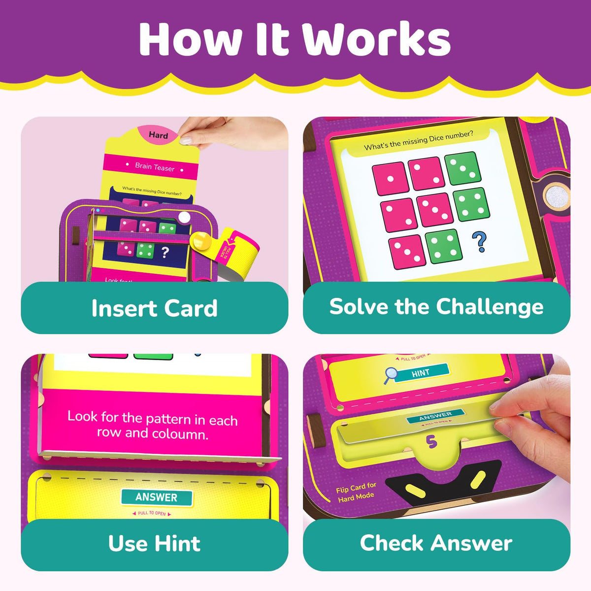 How Smart Quizbox works: insert a card, solve the challenge, pull the Hint flap, check the answer