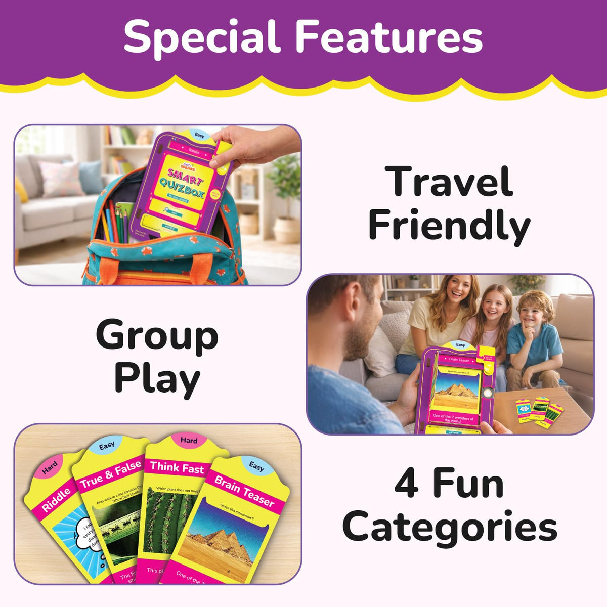 Smart Quizbox question cards in four categories, a family playing together, and the console going into a school bag