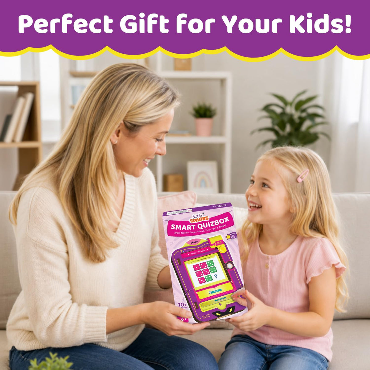 Mother giving a boxed Smart Quizbox to her daughter as a gift