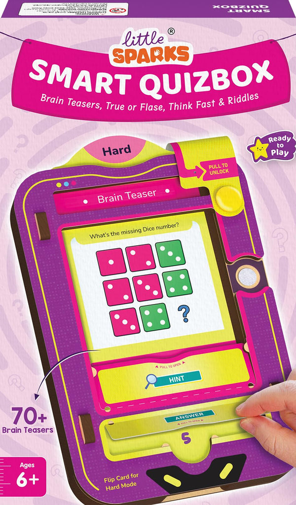 Smart Quizbox box: a Little Sparks quiz game console for ages 6+ with 70+ questions, Hint and Answer flaps