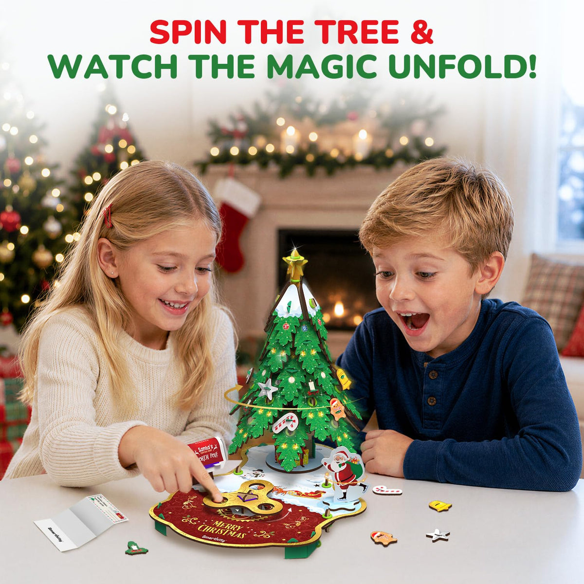Girl turning the handle to spin the built Magical Christmas Tree while a boy watches