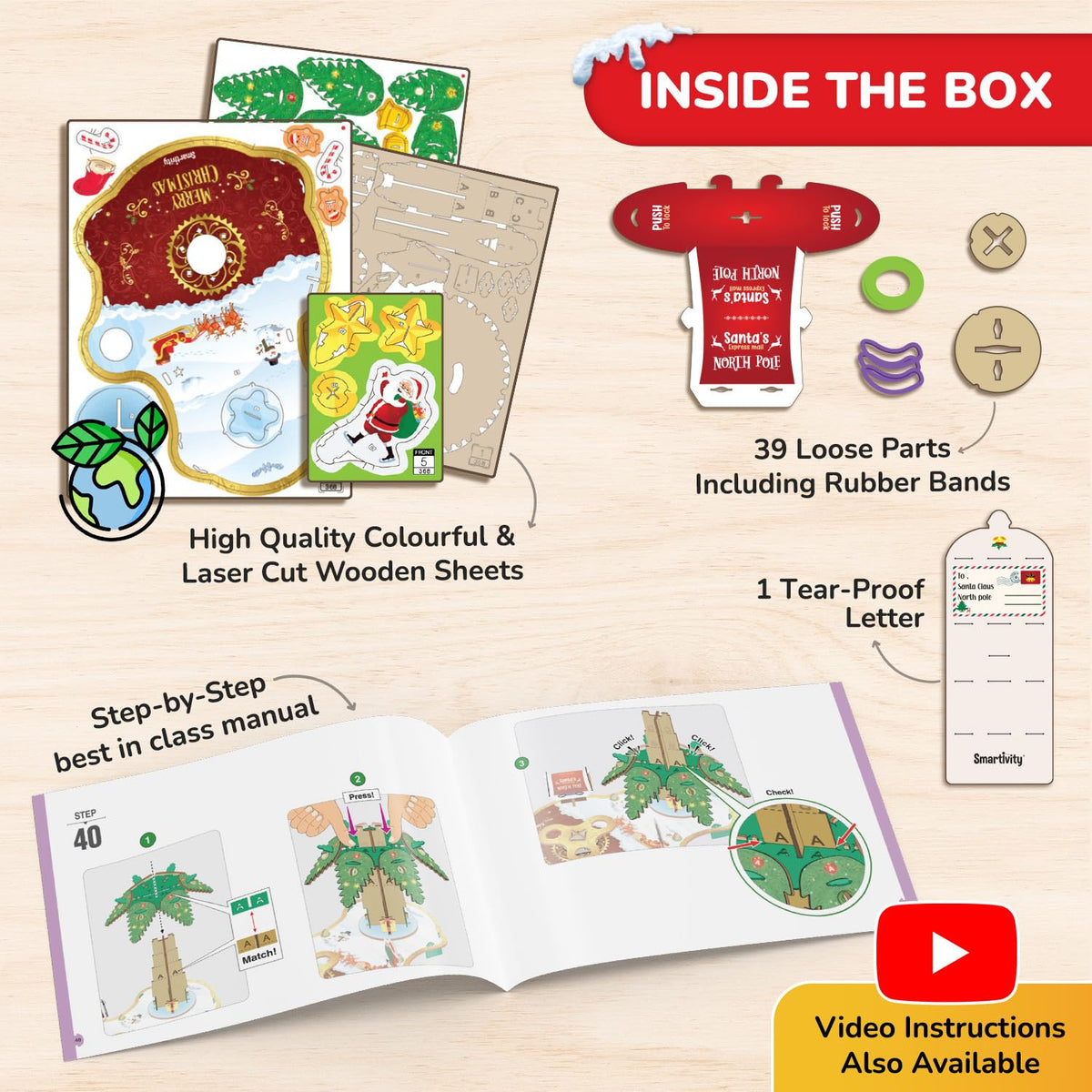 Inside the Magical Christmas Tree box: colourful and wooden sheets, 39 loose parts with rubber bands, a letter to Santa and a step-by-step instruction booklet